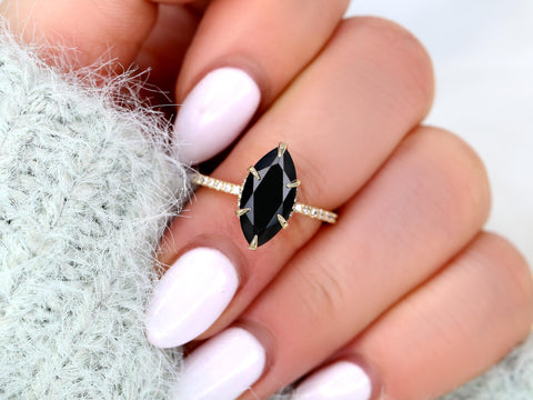 LOW Velma 14x7mm 14kt Onyx Marquise Hidden Halo Ring,Marquise Onyx Ring,Unique Black Engagement Ring,Onyx Wedding Ring,Black Pear Cut Ring