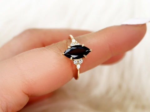 Petite Meadow 12x6mm 14kt Onyx Diamond Marquise Cluster Ring,Unique Marquise Ring,Onyx Engagement Ring,Onyx Wedding Ring,Anniversary Ring