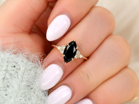 Petite Meadow 12x6mm 14kt Onyx Diamond Marquise Cluster Ring,Unique Marquise Ring,Onyx Engagement Ring,Onyx Wedding Ring,Anniversary Ring