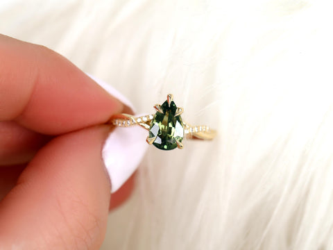 1.84ct Petite Tamara 14kt Sage Teal Sapphire Diamond Crossover Pear Cut Ring,Unique Pear Sapphire Ring,Teal Sapphire Ring,Birthstone Ring