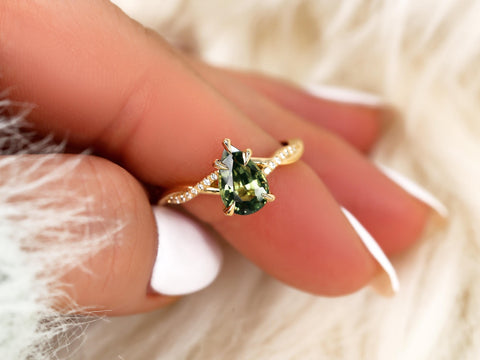 1.84ct Petite Tamara 14kt Sage Teal Sapphire Diamond Crossover Pear Cut Ring,Unique Pear Sapphire Ring,Teal Sapphire Ring,Birthstone Ring