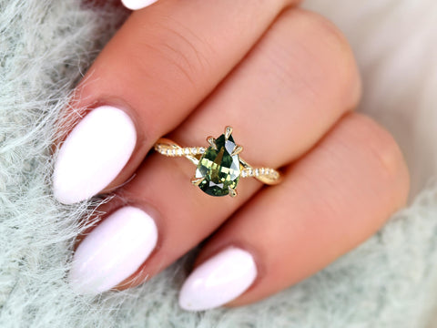 1.84ct Petite Tamara 14kt Sage Teal Sapphire Diamond Crossover Pear Cut Ring,Unique Pear Sapphire Ring,Teal Sapphire Ring,Birthstone Ring