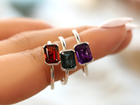 Aeryn 8x6mm 14kt Topaz Emerald Cut Ring, East West Set Ring,Amethyst Sideway Set Ring,Unique Garnet Ring,Birthstone Ring,Gift For Her