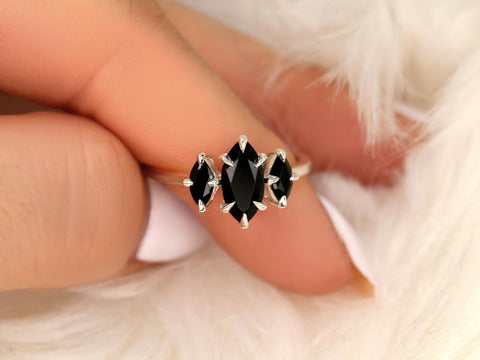 Beckett 10x5mm 14kt Onyx Marquise Three Stone Ring,Marquise Trilogy Ring,Unique Marquise Ring,Marquise Engagement Ring,Onyx Trilogy Ring