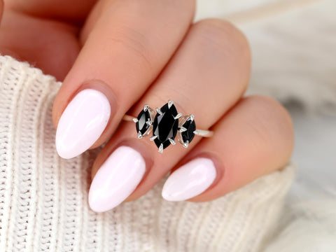 Beckett 10x5mm 14kt Onyx Marquise Three Stone Ring,Marquise Trilogy Ring,Unique Marquise Ring,Marquise Engagement Ring,Onyx Trilogy Ring