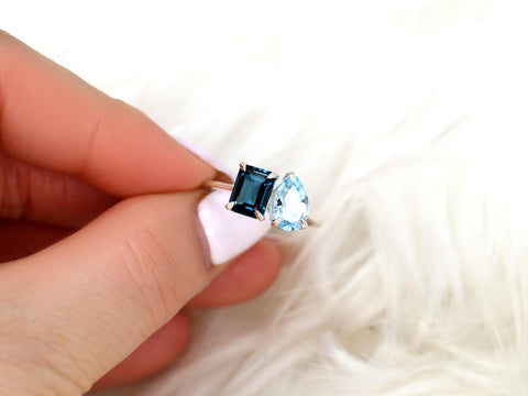 Gemini 8x6mm + 9x6mm 14kt Blue Topaz Toi Et Moi Ring,Two Stone Ring,Promise Ring,Anniversary Ring,Unique Topaz Ring,November Birthstone Ring
