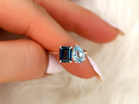 Gemini 8x6mm + 9x6mm 14kt Blue Topaz Toi Et Moi Ring,Two Stone Ring,Promise Ring,Anniversary Ring,Unique Topaz Ring,November Birthstone Ring