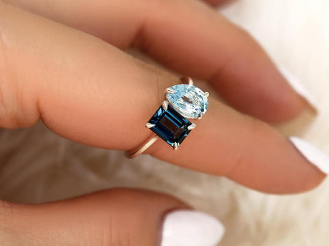 Gemini 8x6mm + 9x6mm 14kt Blue Topaz Toi Et Moi Ring,Two Stone Ring,Promise Ring,Anniversary Ring,Unique Topaz Ring,November Birthstone Ring