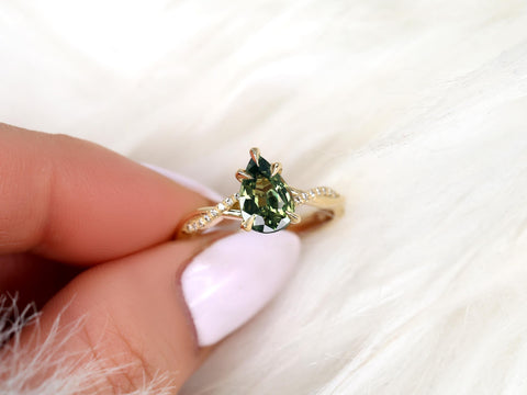 1.84ct Petite Tamara 14kt Sage Teal Sapphire Diamond Crossover Pear Cut Ring,Unique Pear Sapphire Ring,Teal Sapphire Ring,Birthstone Ring