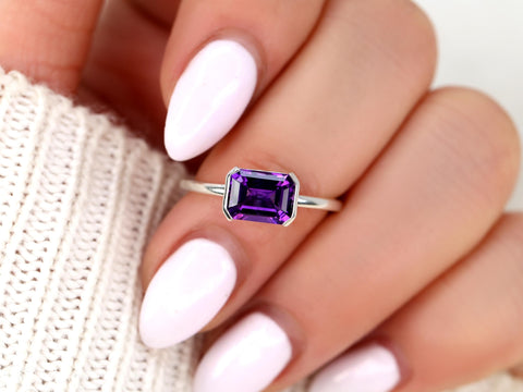 Aeryn 8x6mm 14kt Topaz Emerald Cut Ring, East West Set Ring,Amethyst Sideway Set Ring,Unique Garnet Ring,Birthstone Ring,Gift For Her