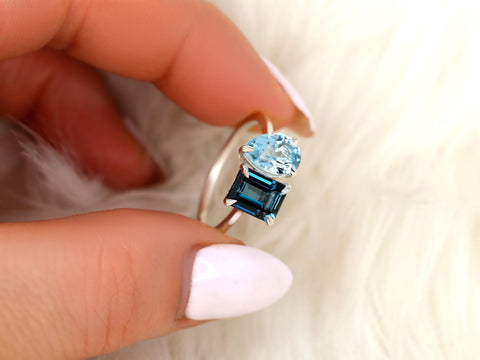 Gemini 8x6mm + 9x6mm 14kt Blue Topaz Toi Et Moi Ring,Two Stone Ring,Promise Ring,Anniversary Ring,Unique Topaz Ring,November Birthstone Ring