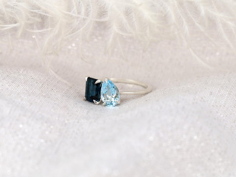 Gemini 8x6mm + 9x6mm 14kt Blue Topaz Toi Et Moi Ring,Two Stone Ring,Promise Ring,Anniversary Ring,Unique Topaz Ring,November Birthstone Ring