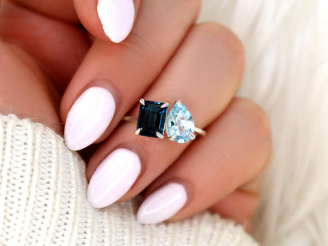 Gemini 8x6mm + 9x6mm 14kt Blue Topaz Toi Et Moi Ring,Two Stone Ring,Promise Ring,Anniversary Ring,Unique Topaz Ring,November Birthstone Ring