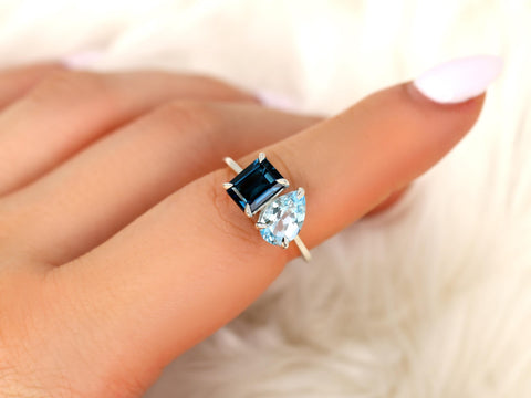 Gemini 8x6mm + 9x6mm 14kt Blue Topaz Toi Et Moi Ring,Two Stone Ring,Promise Ring,Anniversary Ring,Unique Topaz Ring,November Birthstone Ring