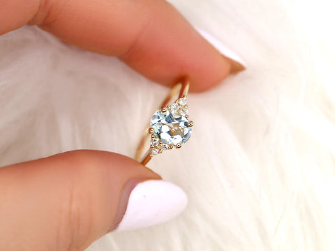 Juniper 8x6mm 14kt Aquamarine Diamond Cluster Ring,Oval Engagement Ring,Unique Aquarmine Ring,Art Deco Ring,Gift For Her,March Birthstone