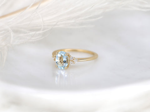 Juniper 8x6mm 14kt Aquamarine Diamond Cluster Ring,Oval Engagement Ring,Unique Aquarmine Ring,Art Deco Ring,Gift For Her,March Birthstone