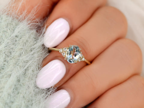 Juniper 8x6mm 14kt Aquamarine Diamond Cluster Ring,Oval Engagement Ring,Unique Aquarmine Ring,Art Deco Ring,Gift For Her,March Birthstone