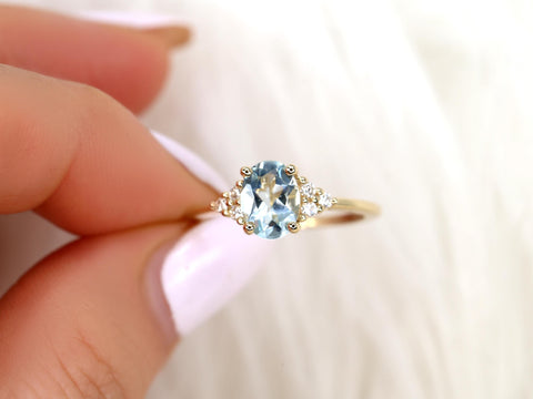 Juniper 8x6mm 14kt Aquamarine Diamond Cluster Ring,Oval Engagement Ring,Unique Aquarmine Ring,Art Deco Ring,Gift For Her,March Birthstone