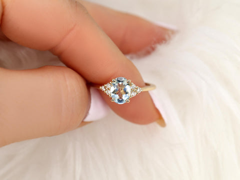 Juniper 8x6mm 14kt Aquamarine Diamond Cluster Ring,Oval Engagement Ring,Unique Aquarmine Ring,Art Deco Ring,Gift For Her,March Birthstone