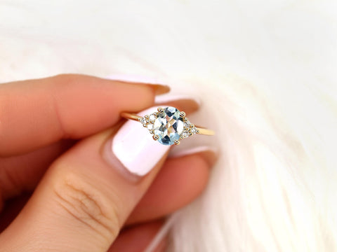 Juniper 8x6mm 14kt Aquamarine Diamond Cluster Ring,Oval Engagement Ring,Unique Aquarmine Ring,Art Deco Ring,Gift For Her,March Birthstone