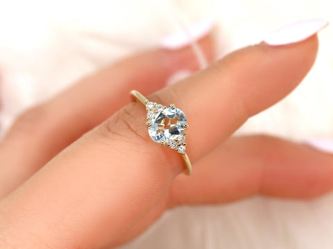 Juniper 8x6mm 14kt Aquamarine Diamond Cluster Ring,Oval Engagement Ring,Unique Aquarmine Ring,Art Deco Ring,Gift For Her,March Birthstone