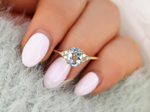 Juniper 8x6mm 14kt Aquamarine Diamond Cluster Ring,Oval Engagement Ring,Unique Aquarmine Ring,Art Deco Ring,Gift For Her,March Birthstone