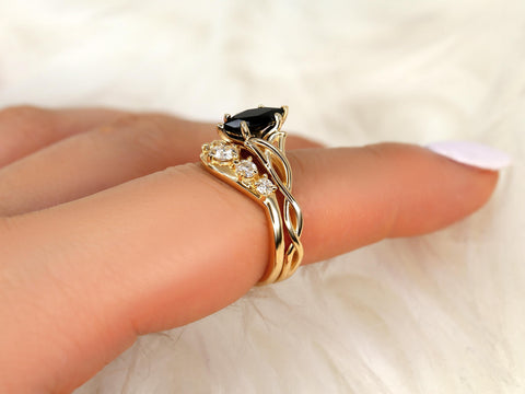 Mara 10x5mm & Saldana 14kt Onyx Celtic Knot Marquise Bridal Set,Unique Triquetra Wedding Ring,Marquise Engagement Ring Set,Anniversary Ring