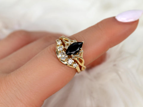 Mara 10x5mm & Saldana 14kt Onyx Celtic Knot Marquise Bridal Set,Unique Triquetra Wedding Ring,Marquise Engagement Ring Set,Anniversary Ring