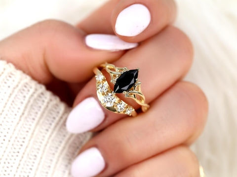 Mara 10x5mm & Saldana 14kt Onyx Celtic Knot Marquise Bridal Set,Unique Triquetra Wedding Ring,Marquise Engagement Ring Set,Anniversary Ring