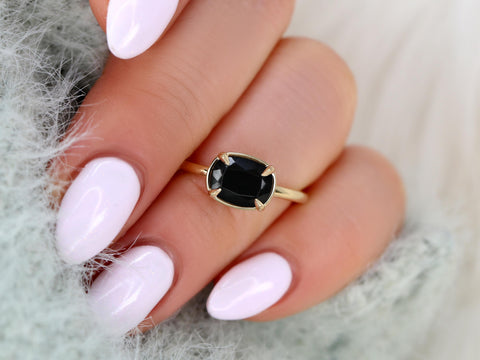 Petyon 8x6mm 14kt Onyx Cushion Solitaire Ring,Faux Halo Ring,Unique Onyx Ring,Onyx Engagement Ring,Cushion Cut Ring,East West Ring