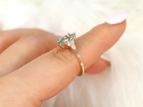 Astrid 10x5mm 14kt Aquamarine Diamond Marquise Cluster Ring,Unique Art Deco Ring,Marquise Engagement Ring,Aquamarine Ring,March Birthstone