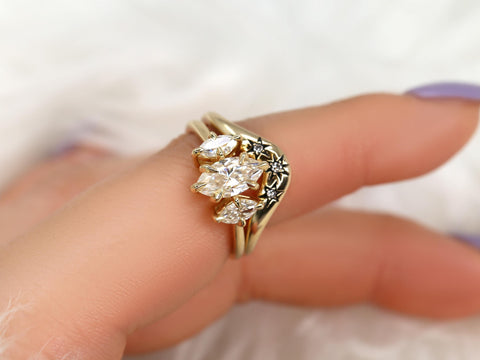 1.50ct Beckett 10x5mm & Ursa 14kt Moissanite Diamond Marquise Three Stone Bridal Set,Marquise Trilogy Wedding Ring Set,Unique Marquise Ring