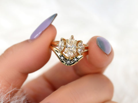 1.50ct Beckett 10x5mm & Ursa 14kt Moissanite Diamond Marquise Three Stone Bridal Set,Marquise Trilogy Wedding Ring Set,Unique Marquise Ring