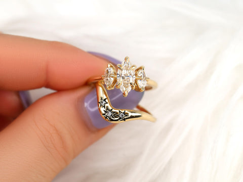 1.50ct Beckett 10x5mm & Ursa 14kt Moissanite Diamond Marquise Three Stone Bridal Set,Marquise Trilogy Wedding Ring Set,Unique Marquise Ring