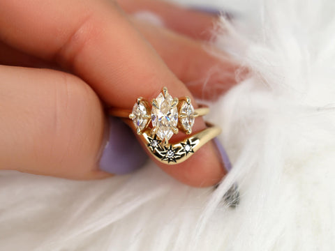 1.50ct Beckett 10x5mm & Ursa 14kt Moissanite Diamond Marquise Three Stone Bridal Set,Marquise Trilogy Wedding Ring Set,Unique Marquise Ring