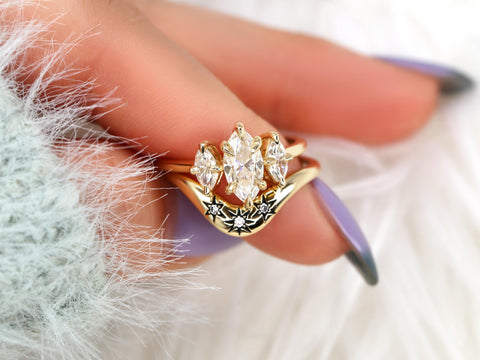 1.50ct Beckett 10x5mm & Ursa 14kt Moissanite Diamond Marquise Three Stone Bridal Set,Marquise Trilogy Wedding Ring Set,Unique Marquise Ring