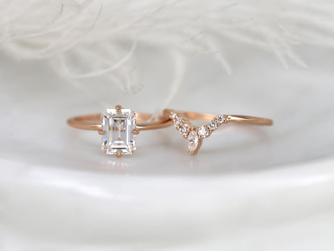 1.75cts Ruth 8x6mm & Kendall 14kt Moissanite Emerald Cut Solitaire Bridal Set,Minimalist Emerald Wedding Set,Unique Emerald Engagement Ring