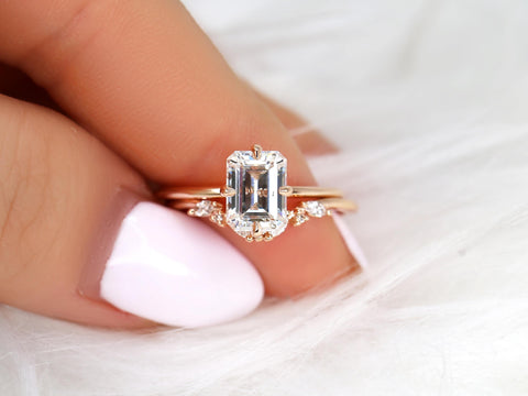 1.75cts Ruth 8x6mm & Azalea 14kt Moissanite Emerald Cut Solitaire Bridal Set,Minimalist Emerald Wedding Set,Unique Emerald Engagement Ring