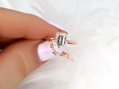 1.75cts Ruth 8x6mm & Azalea 14kt Moissanite Emerald Cut Solitaire Bridal Set,Minimalist Emerald Wedding Set,Unique Emerald Engagement Ring