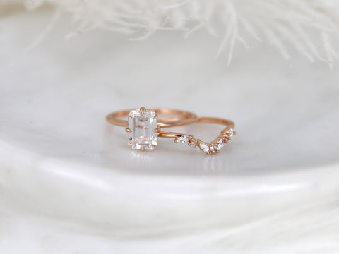 1.75cts Ruth 8x6mm & Azalea 14kt Moissanite Emerald Cut Solitaire Bridal Set,Minimalist Emerald Wedding Set,Unique Emerald Engagement Ring