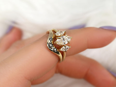 1.50ct Beckett 10x5mm & Ursa 14kt Moissanite Diamond Marquise Three Stone Bridal Set,Marquise Trilogy Wedding Ring Set,Unique Marquise Ring