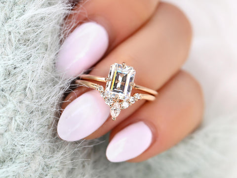 1.75cts Ruth 8x6mm & Kendall 14kt Moissanite Emerald Cut Solitaire Bridal Set,Minimalist Emerald Wedding Set,Unique Emerald Engagement Ring