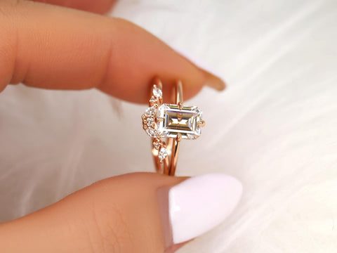 1.75cts Ruth 8x6mm & Azalea 14kt Moissanite Emerald Cut Solitaire Bridal Set,Minimalist Emerald Wedding Set,Unique Emerald Engagement Ring