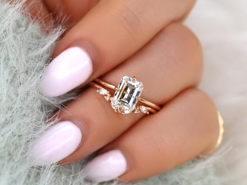 1.75cts Ruth 8x6mm & Azalea 14kt Moissanite Emerald Cut Solitaire Bridal Set,Minimalist Emerald Wedding Set,Unique Emerald Engagement Ring