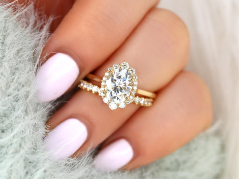 2ct Electra 9x7mm 14kt Moissanite Diamond Unique Halo Bridal Set,Shield Halo Ring Set,Oval Engagement Ring,Oval Wedding Ring Set