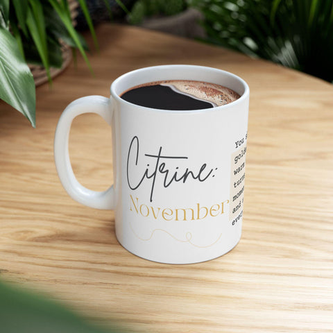 November Birthstone Mug, Citrine Gemstone Cup, Yellow Crystal Coffee Mug, Scorpio Sagittarius Gift, Birthday Mug