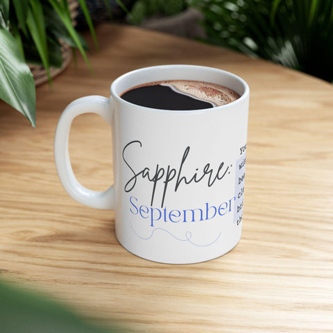September Birthstone Mug, Sapphire Gemstone Cup, Blue Crystal Coffee Mug, Virgo Libra Gift, Birthday Mug