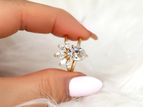 2ct Winnie 10x7mm & Cardi 14kt Moissanite Pear Hidden Halo Bridal Set,Pear Wedding Ring Set,Pear Engagement Ring,Hidden Halo Ring Set