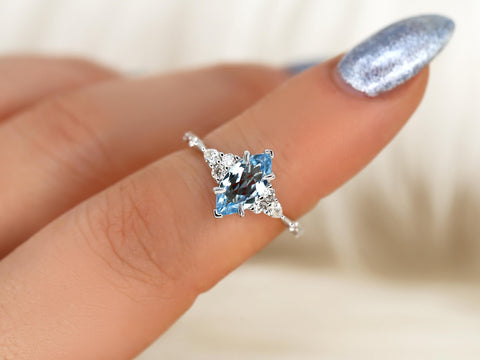 Astrid 10x5mm 14kt Aquamarine Art Deco Ring,Marquise Engagement Ring,Aquamarine Cluster Ring,March Birthstone,Birthday Gift,Anniversary