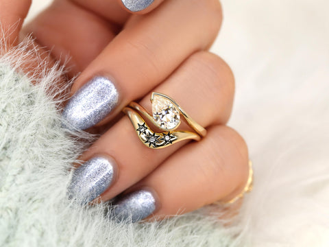 1.50ct Padme 9x6mm & Ursa 14kt Moissanite Tilted Pear Solitaire Bridal Set,Pear Wedding Ring Set,Pear Engagement Ring Set,Celestial Ring